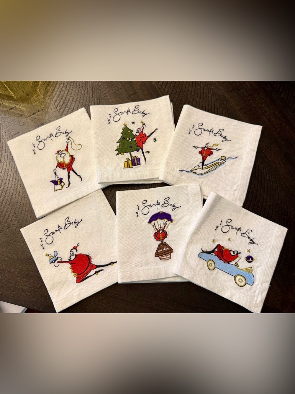 Vintage Pottery Barn “Santa Baby” Embroidered Cotton Cocktail Napkins-Set of 6.